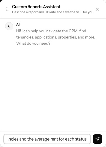 The Custom Reports Assistant chat panel, with a report described in plain English