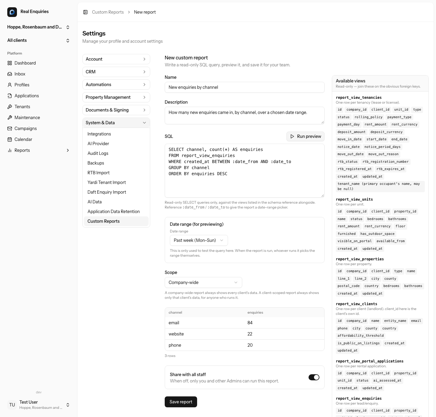 The available views sit right beside the query. Reference :date_from / :date_to and a date-range picker appears — here to test it, and again for whoever runs the saved report.