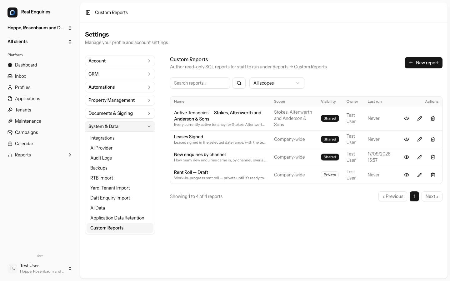 Saved reports are listed for admins to manage — the scope, whether it’s shared with all staff or kept private, and when it last ran.